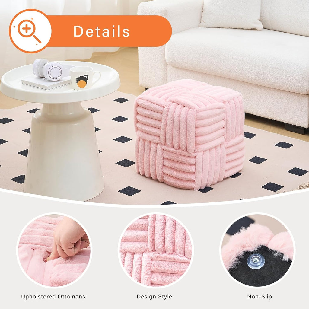 Faux Fur Ottoman Footrest 15.7" Square Vanity Stool, No Assembly Required, Soft Padded Seat for Bedroom, Living Room, Entryway (Pink)