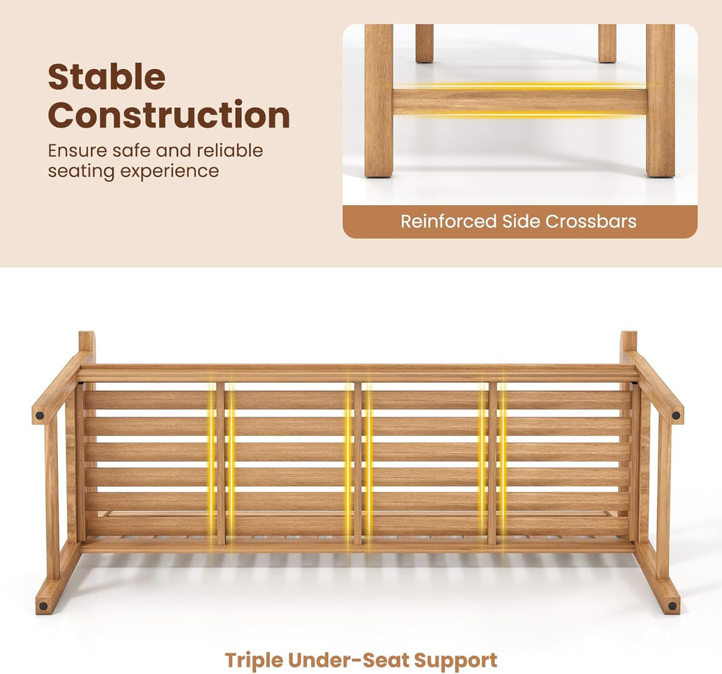 Tangkula 62" Teak Wood Outdoor Bench, 3-Seat Solid Wood Garden Patio Bench with Armrests and Backrest, Wooden Outside Porch Bench Seating Furniture for Backyard, Balcony and Park (62")