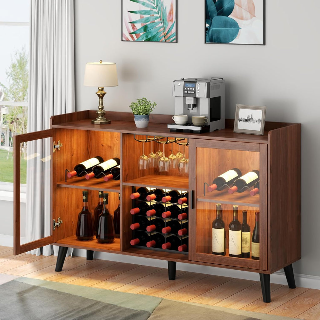 Loomie Wine Bar Cabinet with LED Light, Home Coffee Cabinet with Wine Rack and Glass Holder, Kitchen Buffet Sideboard W Storage Shelf, Freestanding Liquor Cabinet for Living Room, Dining Room (Walnut)