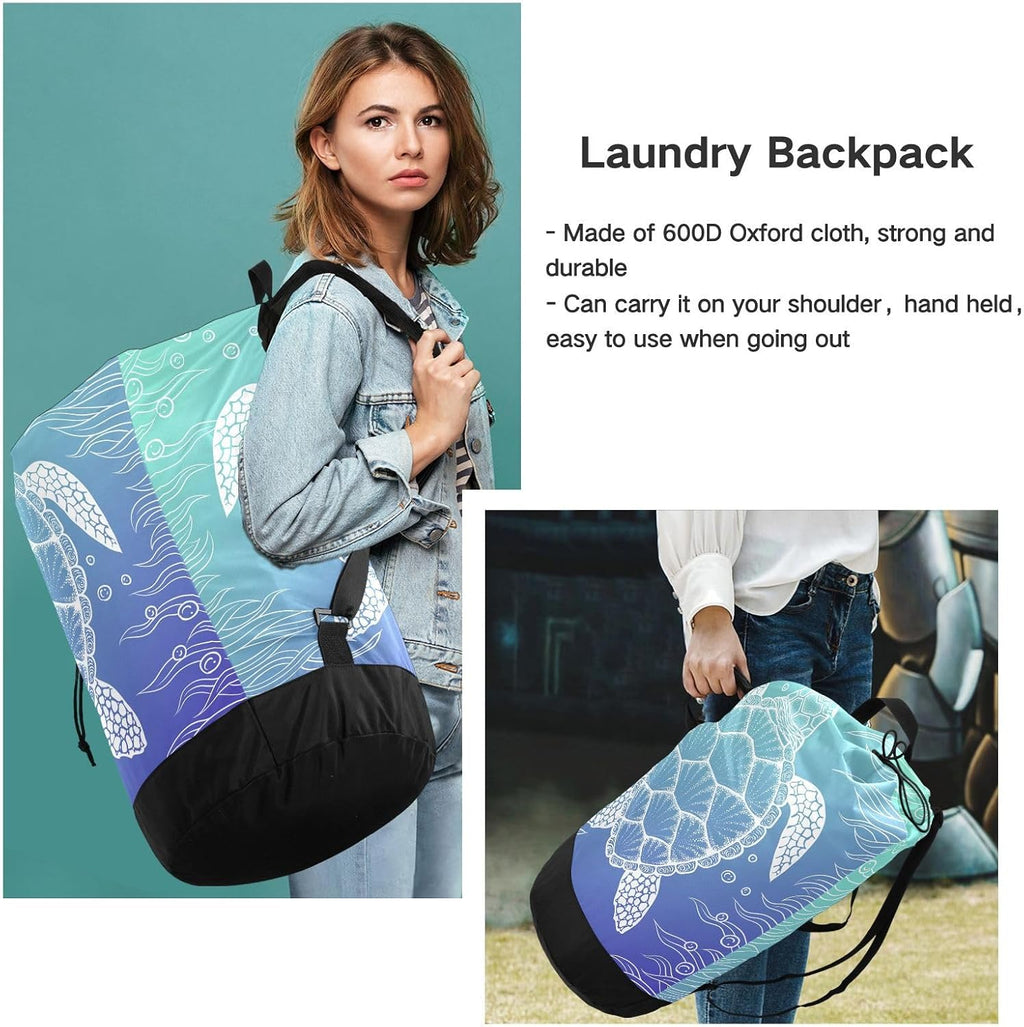 Sea Turtle Laundry Backpack Large Heavy Duty Laundry Bag with Adjustable Shoulder Straps Laundry backpack for Traveling Dirty Clothes Organizer for College Students Waterproof