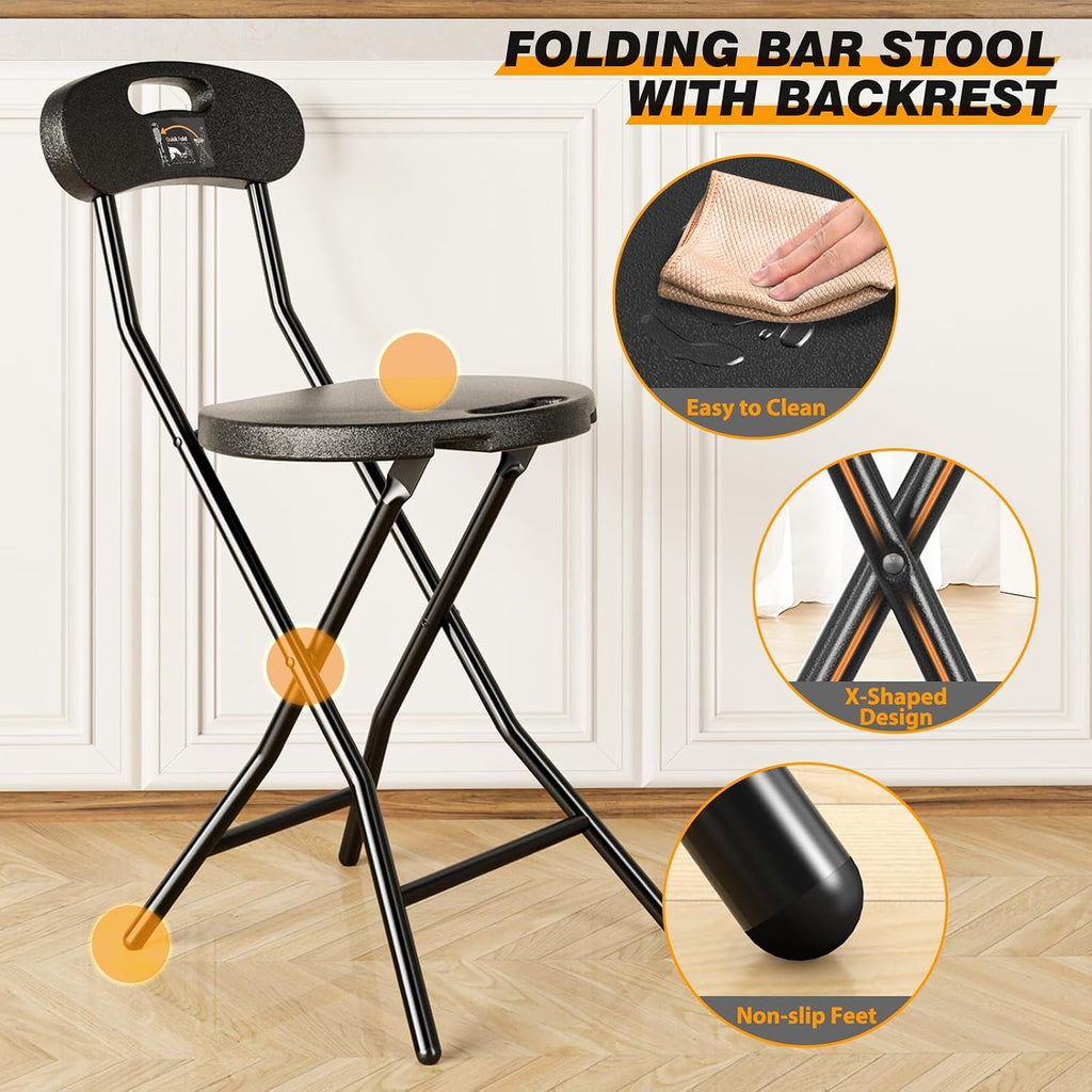 5Rcom Folding Stool, 2 Pack 18 inch Folding Bar Stool with Backrest and Handle, Foldable Stools for Adults Up to 350lbs, Collapsible Round Folding Counter Height Stool Chair for Camping Kitchen