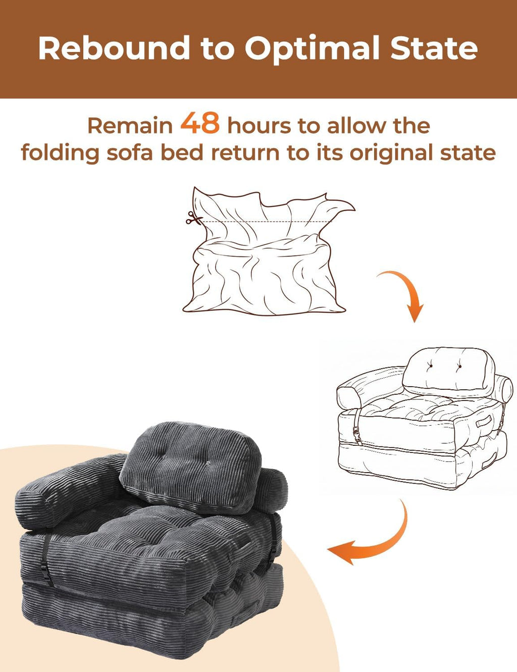 Folding Sofa Bed, L-Shaped Couch Back Support and Arm Pillow Futon, Convertible Sofa Bed for Living Room/Guest Use/Home Office, Boneless Foldable Couch for Adults, Dark Gray