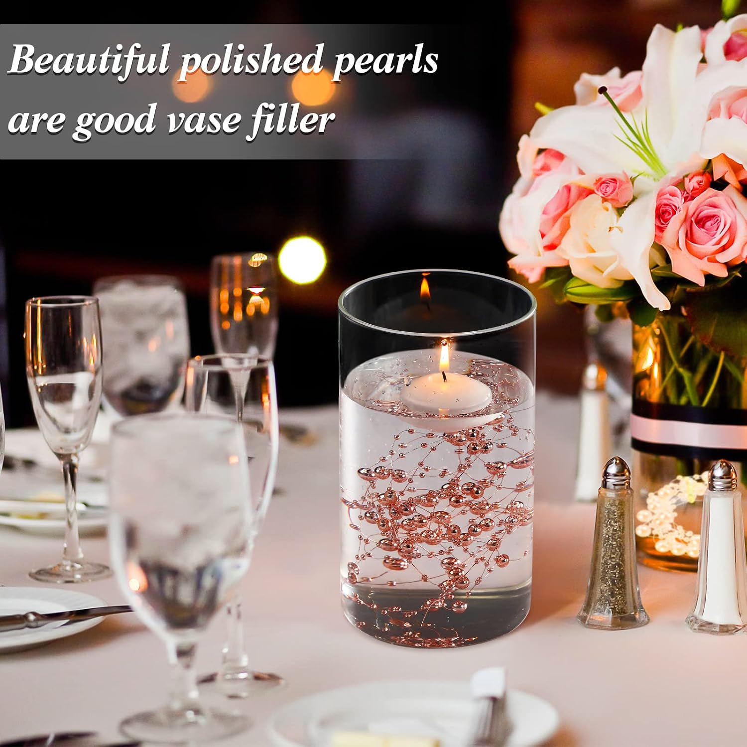 Hicarer 157 Feet 24 Strings Pearl String for Floating Candles Highlight Faux Pearl as Vase Filler Ideal for Wedding Party Garland Home Table Centerpieces Decor(Rose Gold)