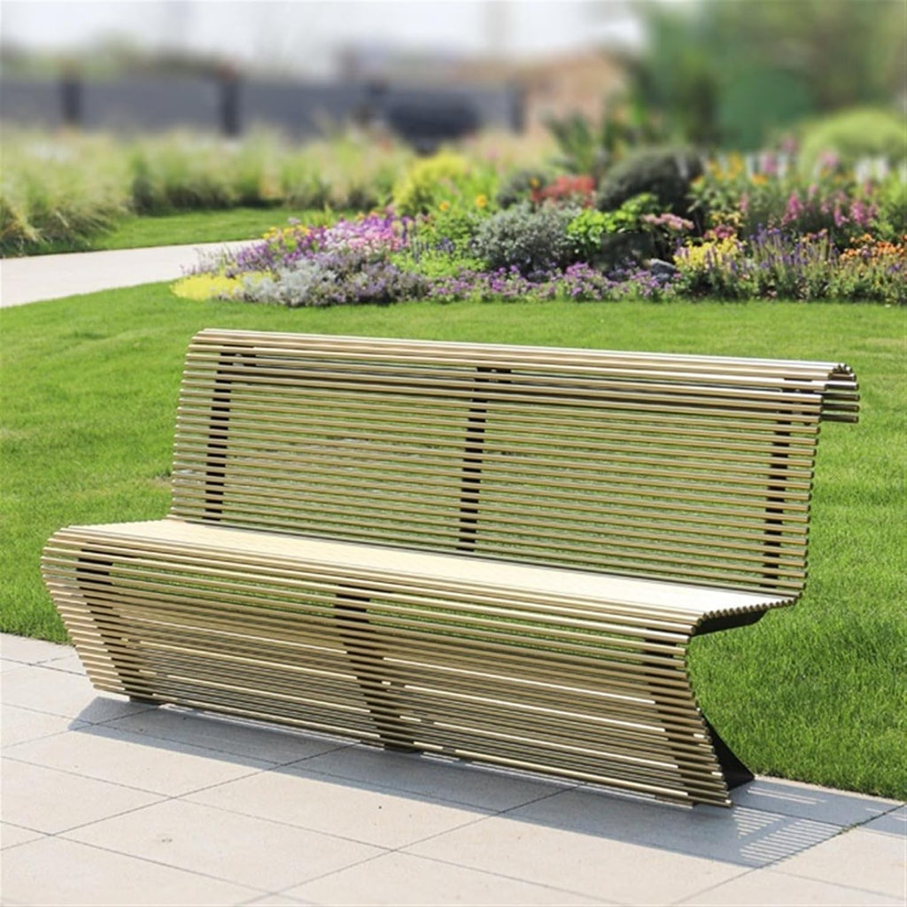 Garden Outdoor Park Bench, Leisure Chair with Backrest for 3 People, Modern Metal Round Tube Bench, Gold Color Seat