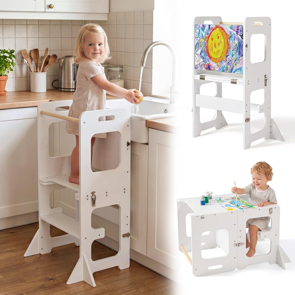 labebe 4-in-1 Toddler Kitchen Helper Tower with Chalkboard, Foldable Learning Standing Stool for Kids 18M+, Wooden Montessori Step Stool for Kitchen Counter, Bathroom Sink & Playroom