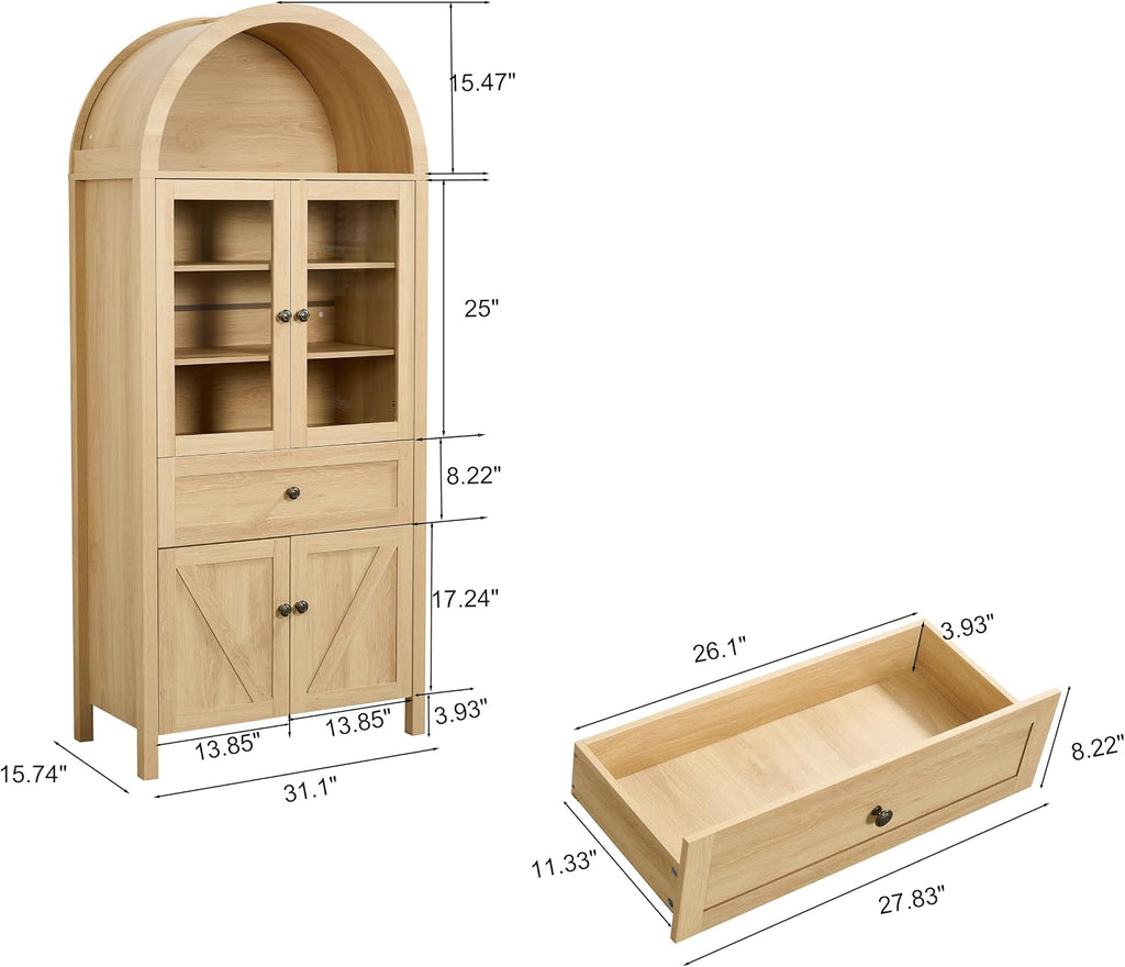 Retro Curved Cabinet, Arched Bookcase with Glass Doors, Natural Wood Display Cabinet with Drawer and Adjustable Shelves, Modern Storage Cabinet for Living Room, Dining Room and Office