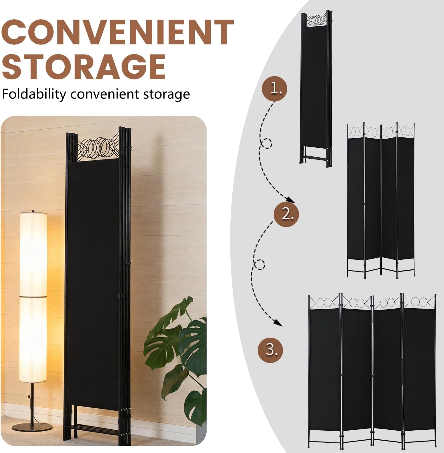 FDW 4 Panel Room Divider, 6FT Folding Privacy Screen Freestanding Partition Wall, Portable Room Separator for Dorm Bedroom Office Studio, Durable Metal Frame & Breathable Fabric, Dark Black