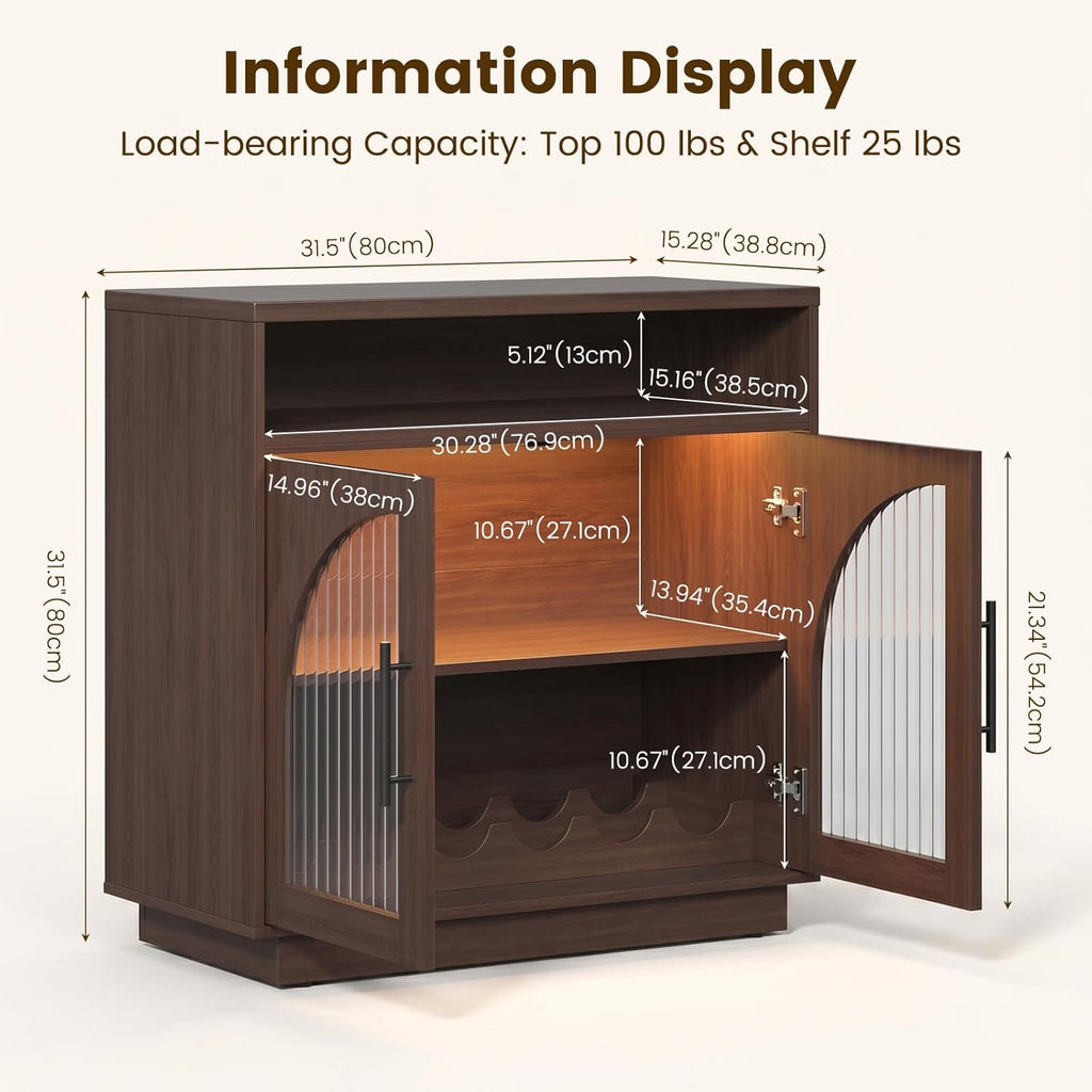 Sideboard Buffet Cabinet with Storage, 31.5" Coffee Bar Cabinet with LED Lights & Removable Wine Rack, Small Accent Cabinet with Arched Glass Doors for Kitchen/Living Room/Entryway/Dining Room, Brown
