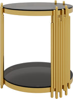 19.8" Round End Table with Gold Finish & Lower Shelf, Modern Black Mirror End Table with Asymmetrical Metal Frame for Living Room (Black,1)