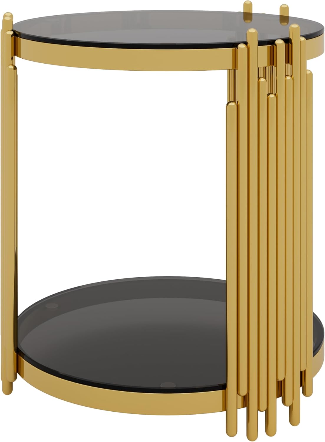 19.8" Round End Table with Gold Finish & Lower Shelf, Modern Black Mirror End Table with Asymmetrical Metal Frame for Living Room (Black,1)