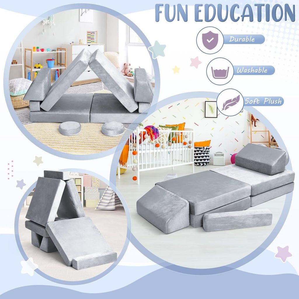 whiffee 10Pcs Kids Play Couch,Toddler Sofa,Modular Kids Couch for Playing, Creativing, Sleeping (Grey)