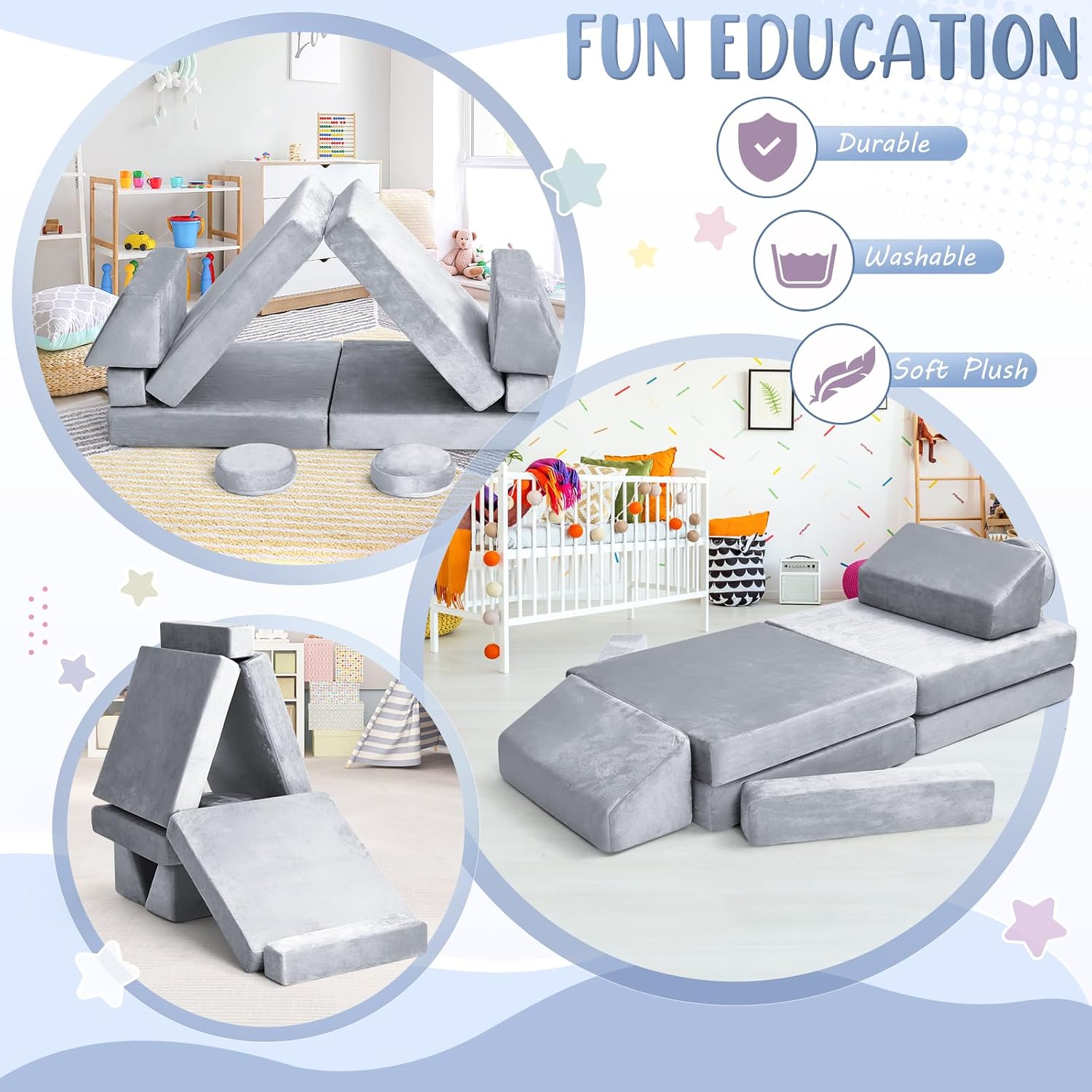 whiffee 10Pcs Kids Play Couch,Toddler Sofa,Modular Kids Couch for Playing, Creativing, Sleeping (Grey)