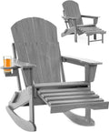 Adirondack Rocking Chair with Retractable Ottoman and Cup Holders, HDPE Adirondack 4-in-1 Multifunctional Rocker Patio Rocking Chair for Porch, Patio, Balcony, Leaden,Grey
