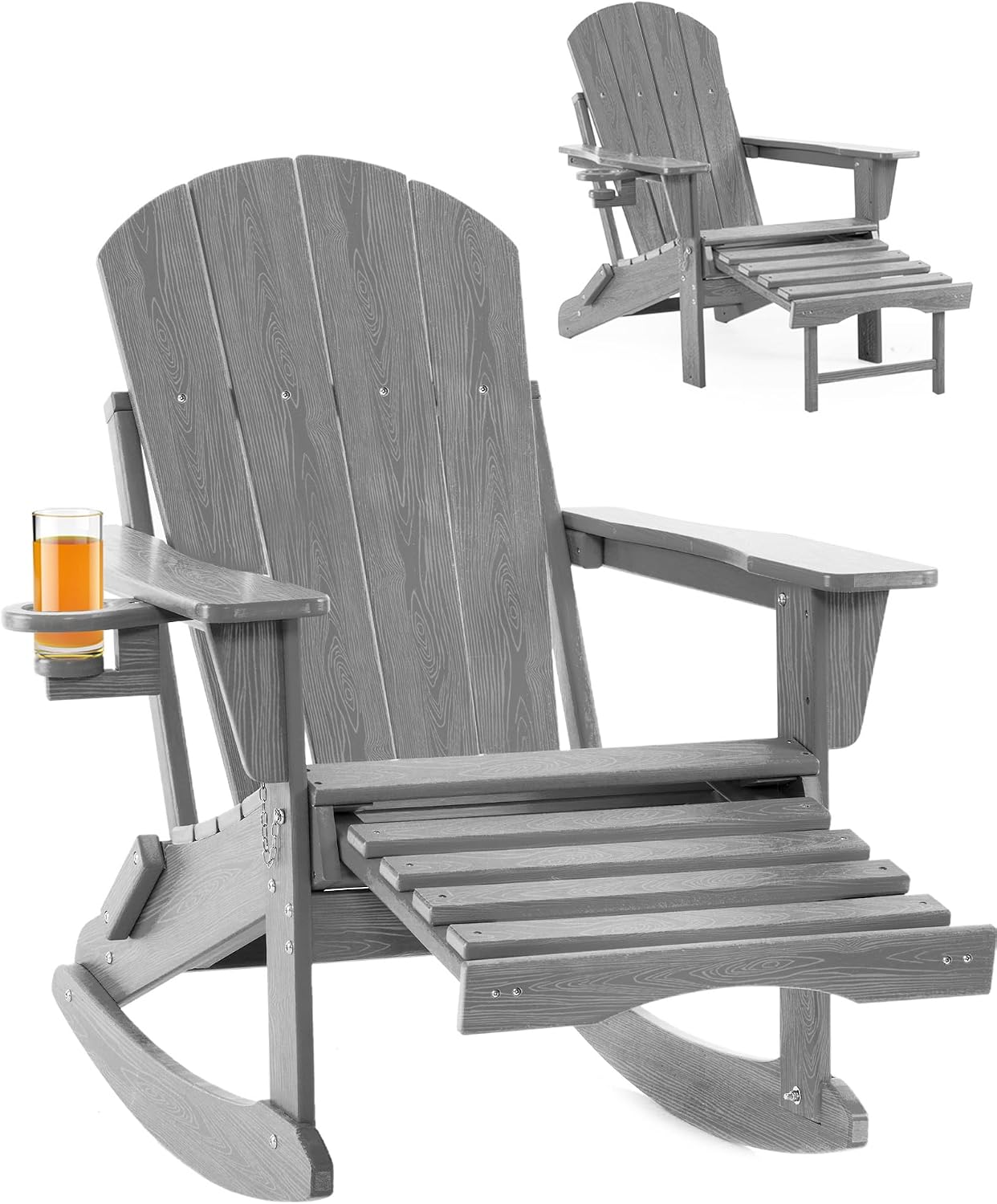 Adirondack Rocking Chair with Retractable Ottoman and Cup Holders, HDPE Adirondack 4-in-1 Multifunctional Rocker Patio Rocking Chair for Porch, Patio, Balcony, Leaden,Grey
