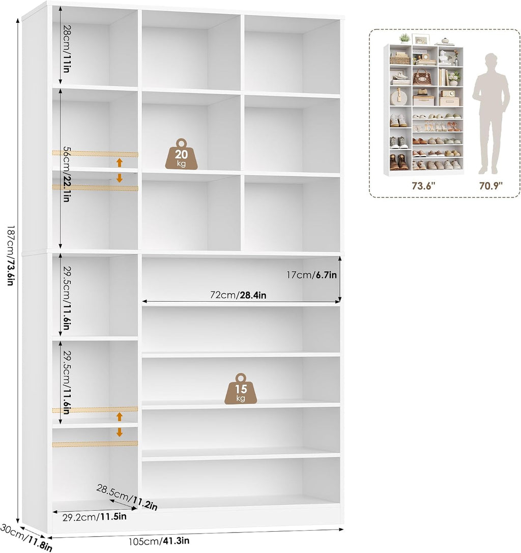 Keyluv 74" Tall Shoe Cabinet with Adjustable Shelves, 6-Tier Shoe Storage Organizer with 12 Cubes for up to 27 Pairs, Free-Standing Shoe Rack for Closet, Hallway, Entryway & Living Room, White