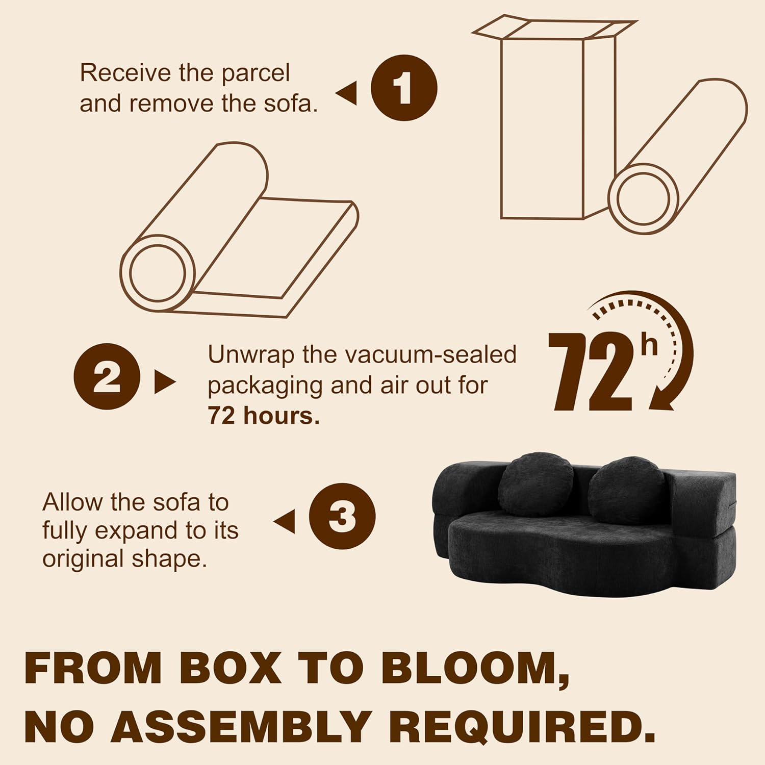 Vongrasig Convertible Sofa Bed, 77” Folding Boneless Couch, Floor Sofa 2-in-1 Curved Couch for Small Living Room, Apartment, Guest Room, Black