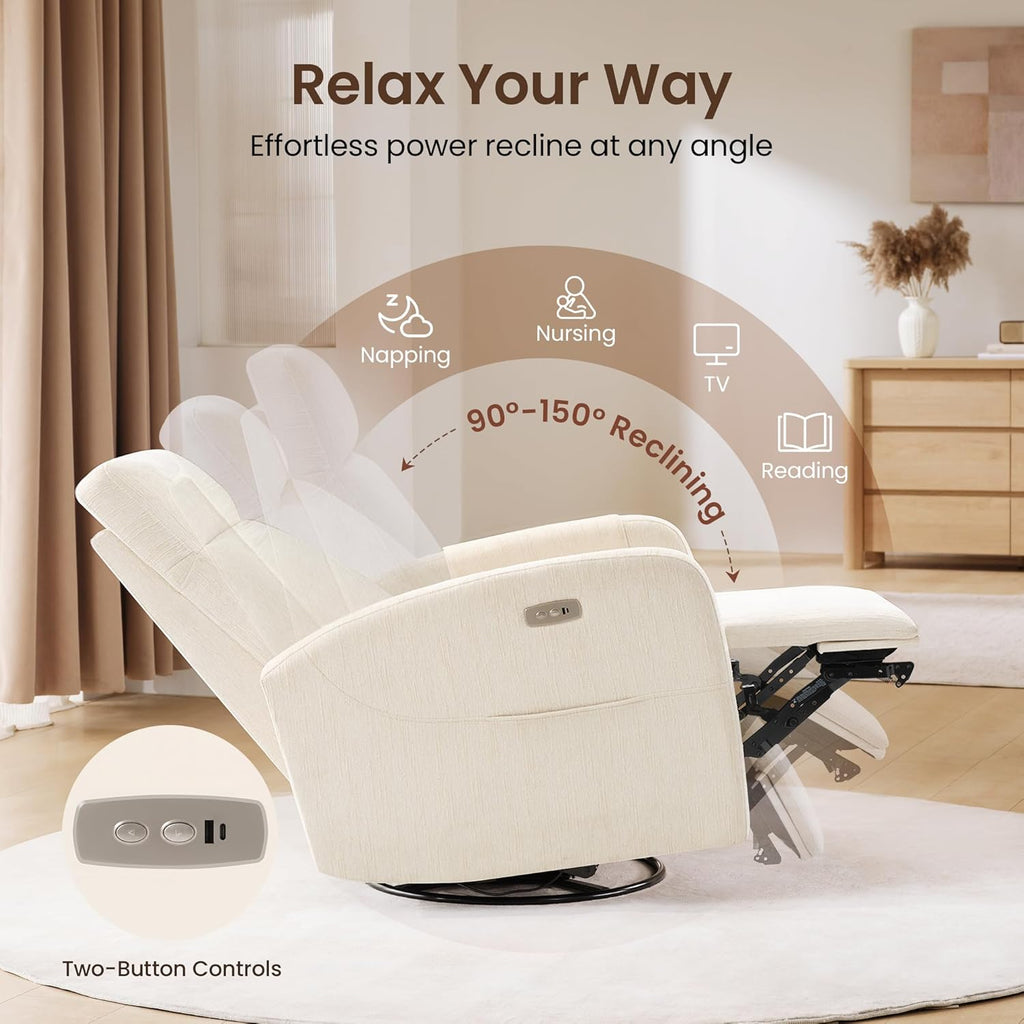 Power Recliner Chair Swivel Glider, Swivel Nursery Glider Recliner, Nursery Rocking Chair with Adjustable Headrest, Nursery Glider Recliner with USB & Type-C Charging Ports, OEKO-TEX Fabric, Beige