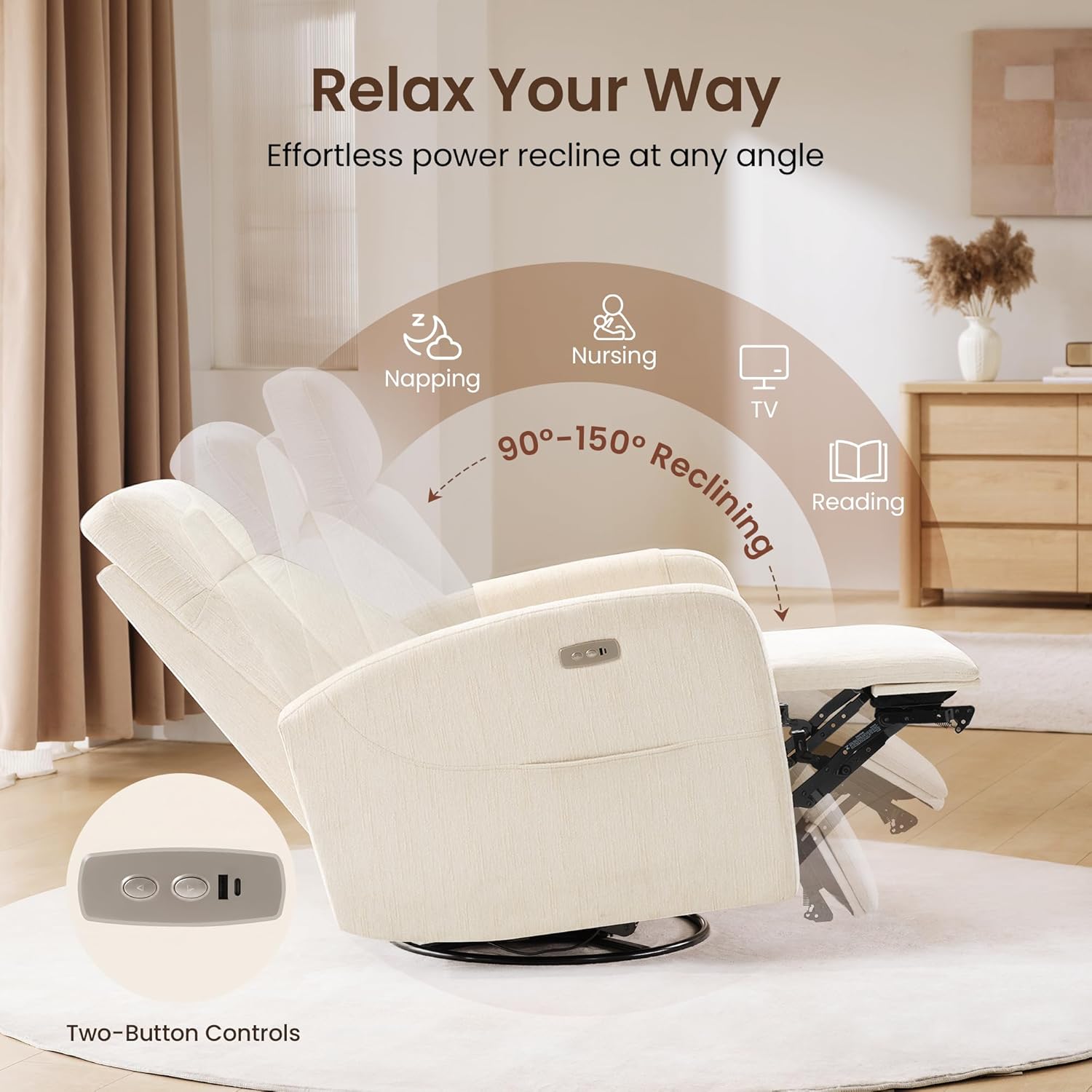 Power Recliner Chair Swivel Glider, Swivel Nursery Glider Recliner, Nursery Rocking Chair with Adjustable Headrest, Nursery Glider Recliner with USB & Type-C Charging Ports, OEKO-TEX Fabric, Beige