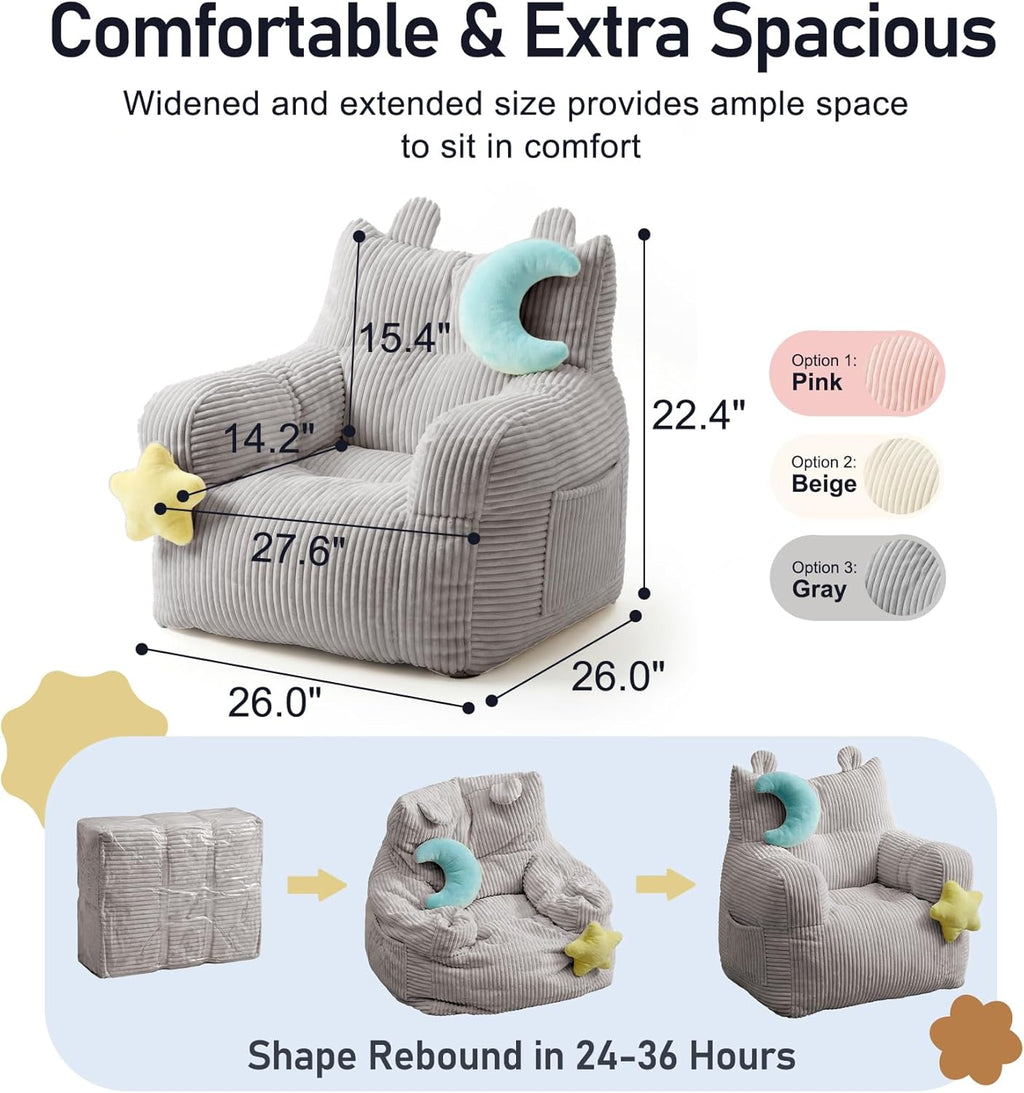little dove Bean Bag Chairs for Kids, Comfy Bean Bag Chair with 2 Plush Toys, Toddler Chair with Pocket, Stuffed Lazy Sofa with Filler for Boys and Girls, Kids Chairs for Gaming, Reading, Grey