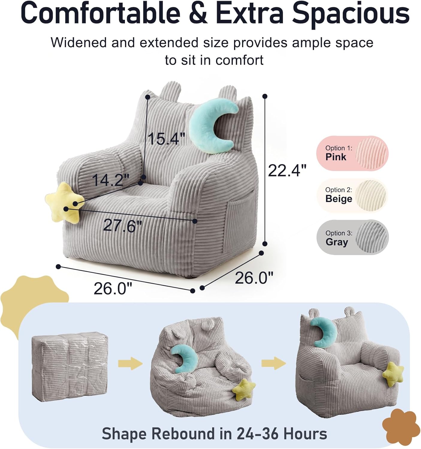 little dove Bean Bag Chairs for Kids, Comfy Bean Bag Chair with 2 Plush Toys, Toddler Chair with Pocket, Stuffed Lazy Sofa with Filler for Boys and Girls, Kids Chairs for Gaming, Reading, Grey