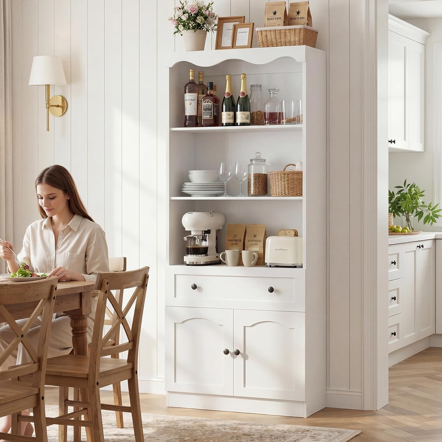Cyclysio 80" Tall Pantry Cabinet with 3-Tier Open Shelves, White Kitchen Pantry Storage Cabinet with Drawer, Kitchen Organizer with Built-in Baseboard Notch for Kitchen, Living Room, Bathroom