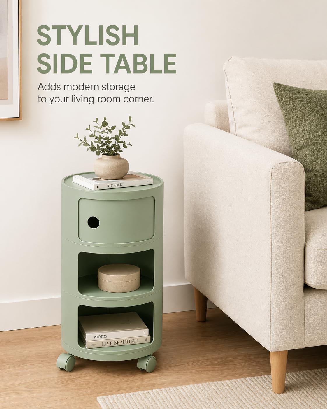 3 Tier Rounded Cabinet,Round Nightstand Detachable End Table with Storage Lightweight Side Table Storage for Living Room Bedroom Bathroom Kitchen