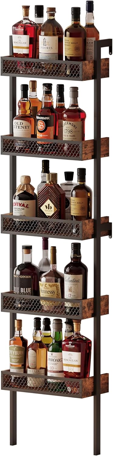 Unionly 5-Tier Liquor Stand for Home Bar，Freestanding Wine Racks for Wall,Wines Bottle Holder Display Shelf with Fences,Liquor Storage for Kitchen, Dining Room, Bar (Rustic Brown)