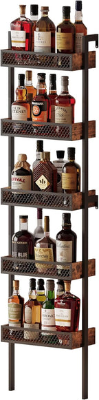 Unionly 5-Tier Liquor Stand for Home Bar，Freestanding Wine Racks for Wall,Wines Bottle Holder Display Shelf with Fences,Liquor Storage for Kitchen, Dining Room, Bar (Rustic Brown)