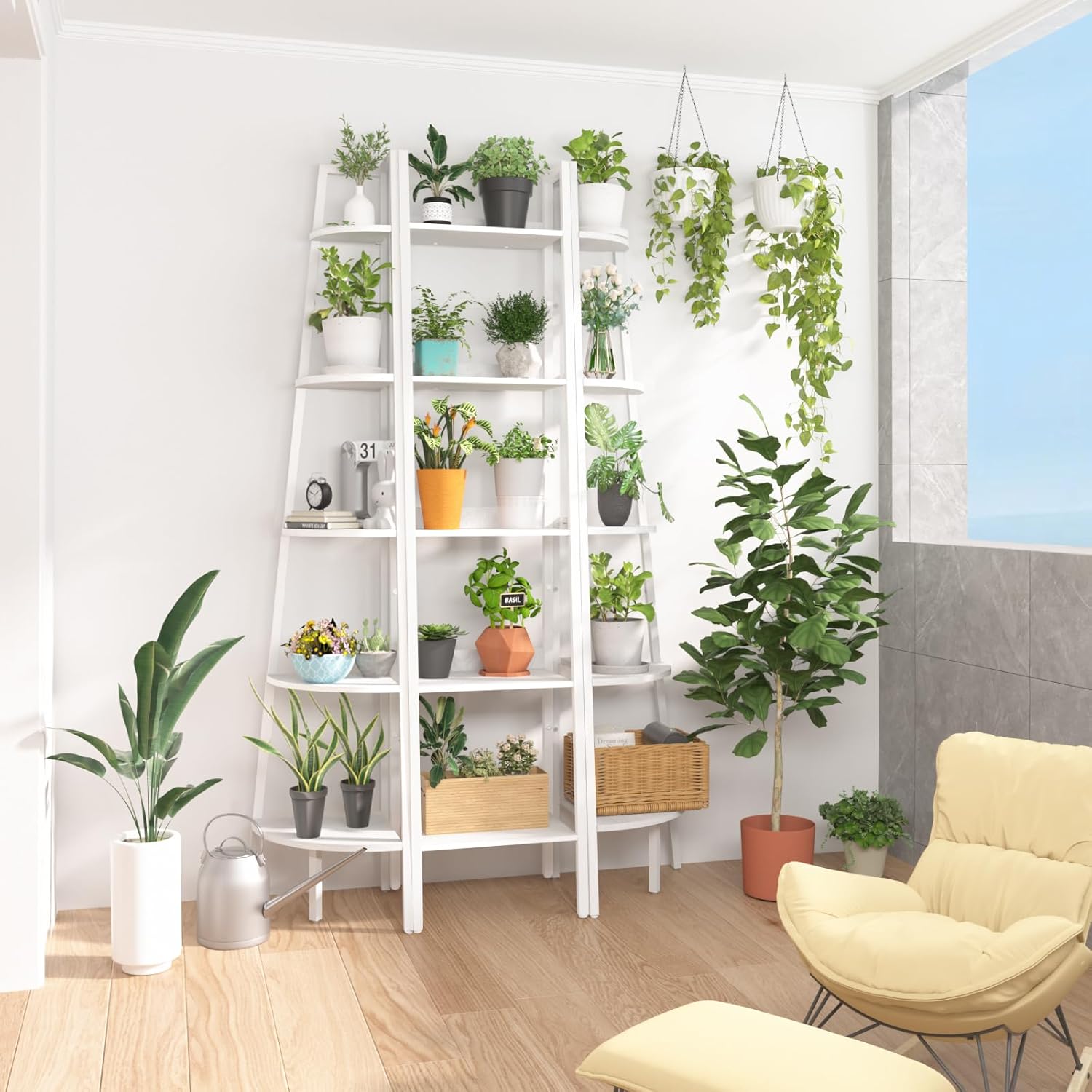 Yoobure Ladder Shelf, 5 Tier Tall Ladder Bookshelf Corner Shelf, Industrial Book Shelf Ladder Bookcase Narrow, Standing Storage Shelves Display Shelf for Bedroom Living Room Office Kitchen Bathroom