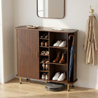 YOLENY 6-Tier 47'' Shoe Cabinet with Sliding Door, Wooden Shoe Storage Cabinet with Adjustable Shelves, Mid-Century Modern Freestanding Shoe Storage Organizer Walnut