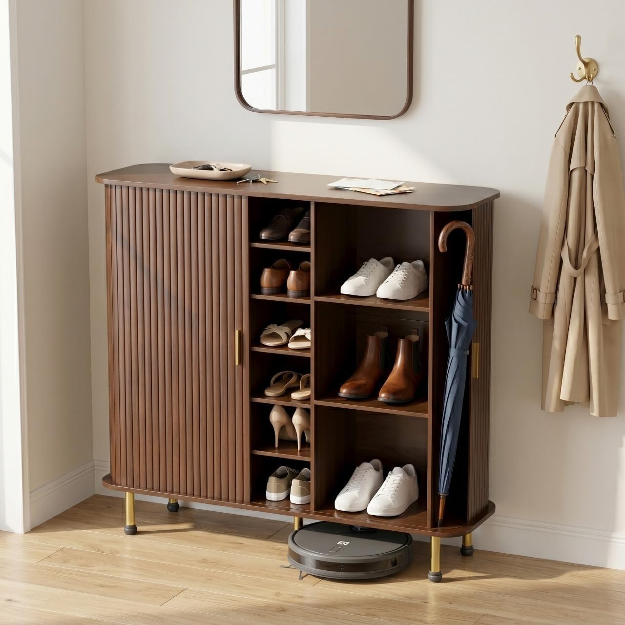 YOLENY 6-Tier 47'' Shoe Cabinet with Sliding Door, Wooden Shoe Storage Cabinet with Adjustable Shelves, Mid-Century Modern Freestanding Shoe Storage Organizer Walnut
