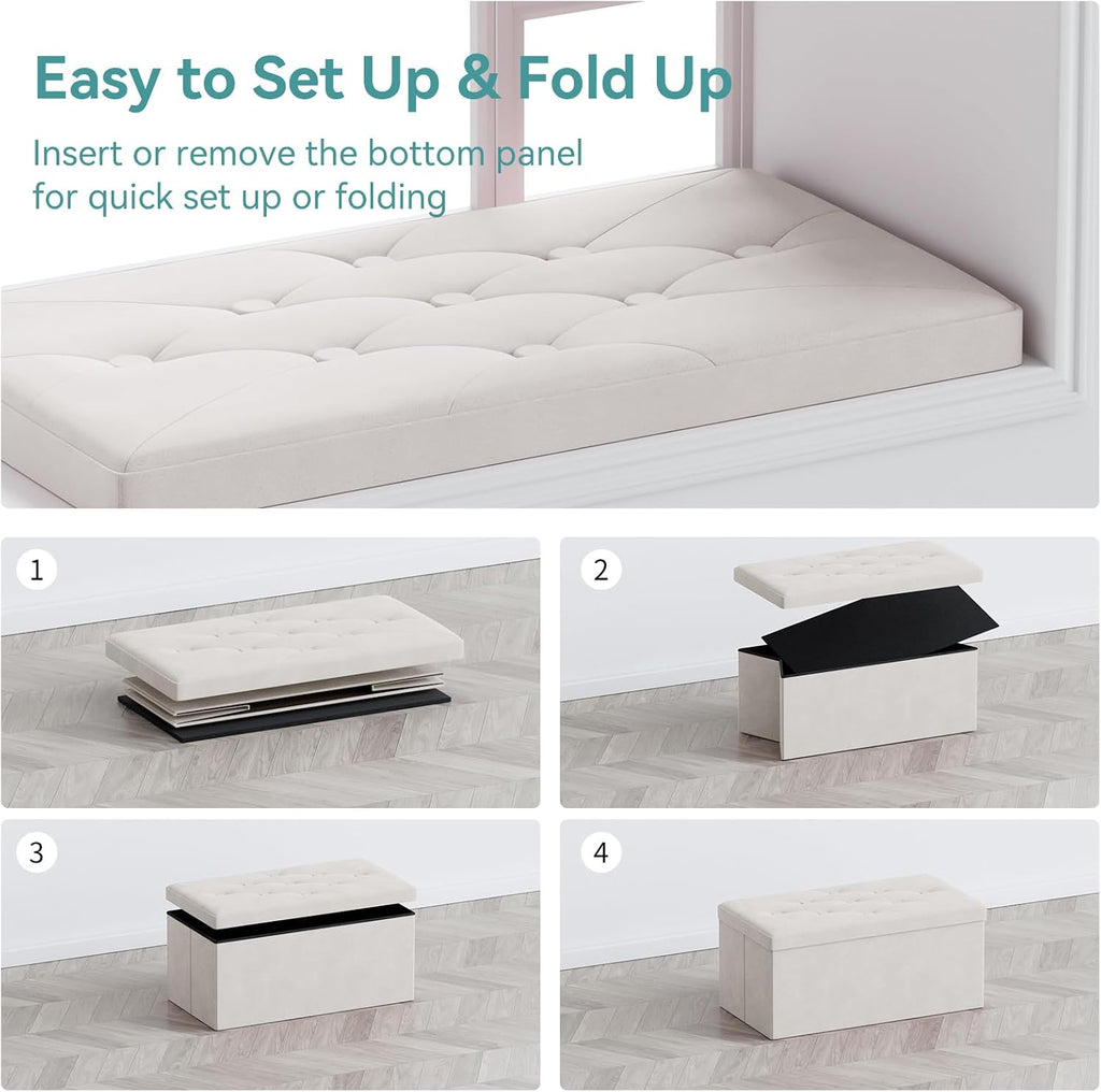 BRIAN & DANY Folding Storage Ottoman Bench, Ottoman with Storage, Foot Rest, Benches Seat for Bedroom, Living Room, Entryway, Long Shoes Bench, 15.7" x 31.5" x 15.7" White