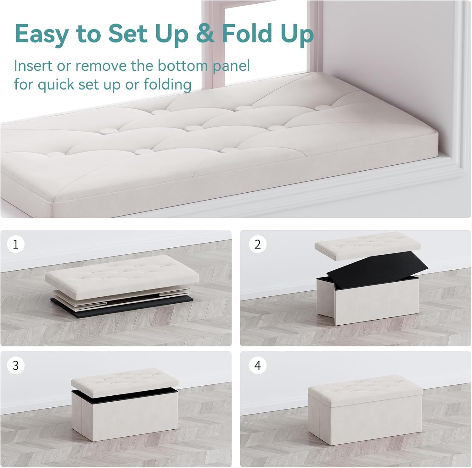 BRIAN & DANY Folding Storage Ottoman Bench, Ottoman with Storage, Foot Rest, Benches Seat for Bedroom, Living Room, Entryway, Long Shoes Bench, 15.7" x 31.5" x 15.7" White