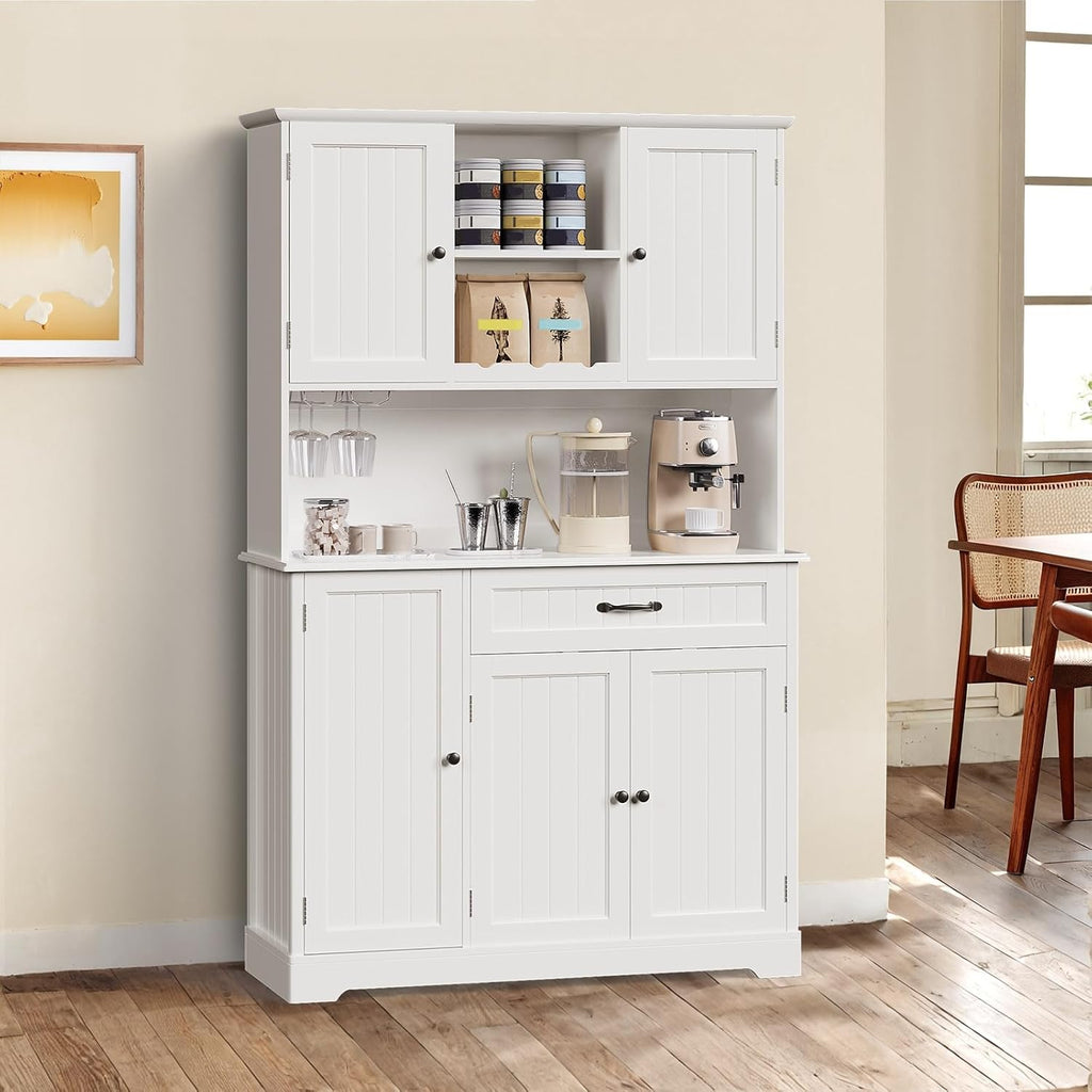 Gizoon 67 in Kitchen Storage Cabinet with Door and Shelves, Kitchen Pantry Cabinet Tall Coffee Bar Hutch with Storage for Dining Room, Painted White
