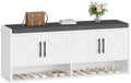 Farmhouse Shoe Storage Bench with Cushion, 47.2" Wide Entryway Bench with Adjustable Shelves and Open Bottom Shelf, Hidden Shoe Cabinet Storage for Entryway, Hallway, Bedroom White