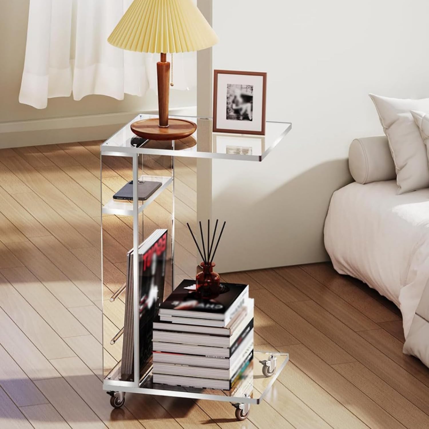 Acrylic Side Table with Storage and Lockable Wheels,C Shaped End Table,Small Coffee Table for Couch, Living Room, Bedroom,Clear
