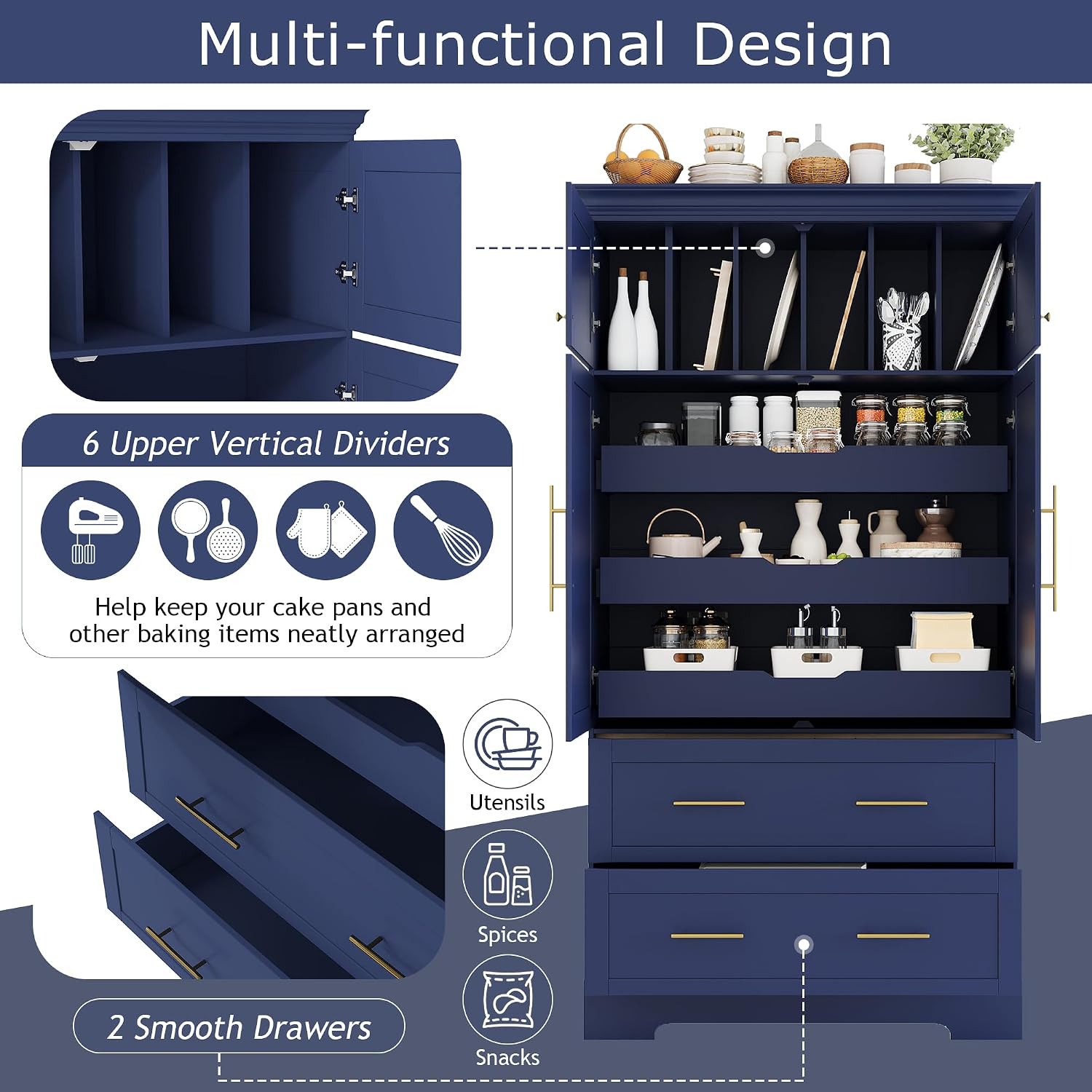 72.6" Farmhouse Kitchen Pantry Cabinet with 3 Pull-Out Trays, Freestanding Large Wooden Kitchen Organizers Storage Cabinet with 2 Drawers and Cake Pan Storage for Dinging Room, Dark Blue