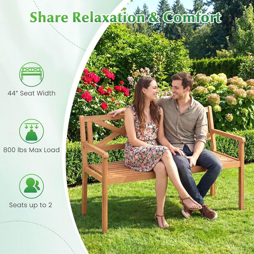 Solid Acacia Wood Outdoor Chair Armrests Backrest 44in Seat 800lb Capacity Backyard