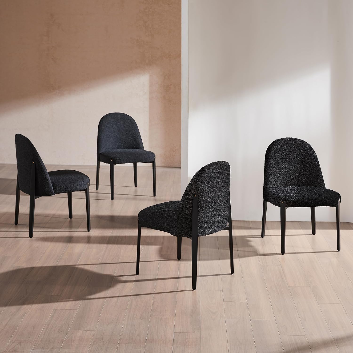 Morden Fort Boucle Dining Chairs Set of 4, Thick Upholstered Chairs with Metal Legs & Curved Backrest, Post Modern Minimalist Chair for Dining Room, Kitchen, Living Room, Bedroom, Apartments, Black