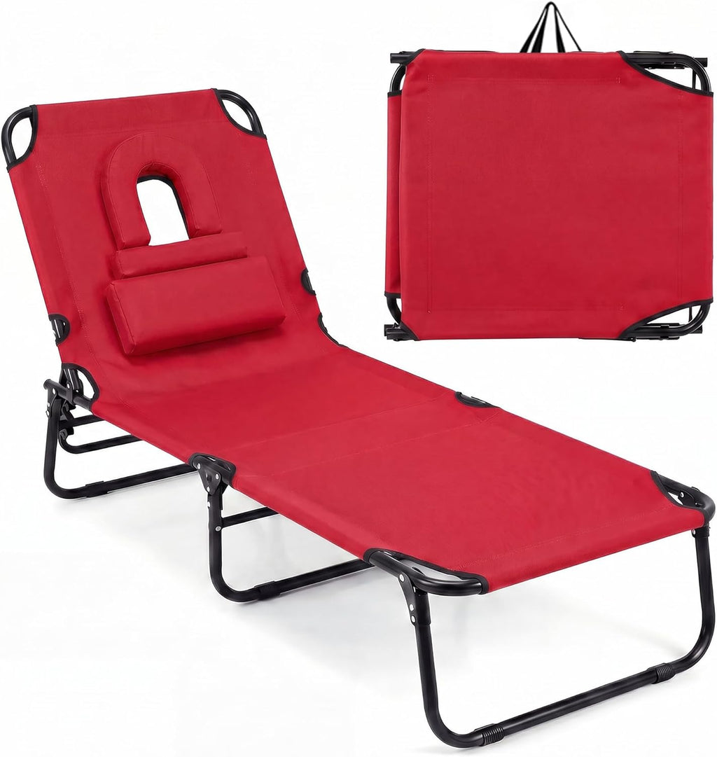 Goplus Tanning Chair, Folding Beach Lounge Chair with Face Hole, Removable Pillow, Carry Strap, Position Adjustable, Sunbathing Chair, Portable Outside Lounge Chair for Patio Pool (1, Red)