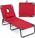 Goplus Tanning Chair, Folding Beach Lounge Chair with Face Hole, Removable Pillow, Carry Strap, Position Adjustable, Sunbathing Chair, Portable Outside Lounge Chair for Patio Pool (1, Red)
