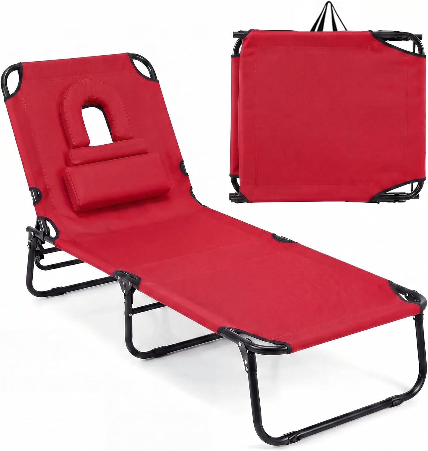 Goplus Tanning Chair, Folding Beach Lounge Chair with Face Hole, Removable Pillow, Carry Strap, Position Adjustable, Sunbathing Chair, Portable Outside Lounge Chair for Patio Pool (1, Red)