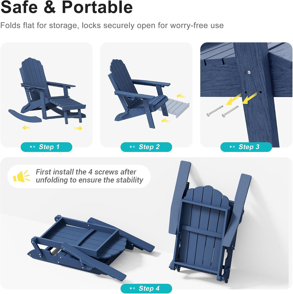 HDPE Adirondack Rocking Chair Set of 2, 4-in-1 Folding Design with Retractable Ottoman, Outdoor Adirondack Chair with 3-Position Adjustable Backrest & Cup Holder for Porch, Backyard, Pool, Navy Blue