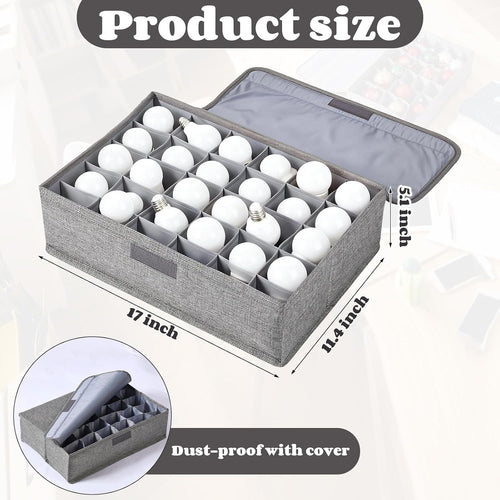 1 Pcs Light Bulb Organizer Storage Box Ornament Storage with 30 Dividers Foldable Bulbs Organizer with Lid Sturdy PP Board Fits Various Standard Dustproof Fabric Case for Home Vbs (Grey)