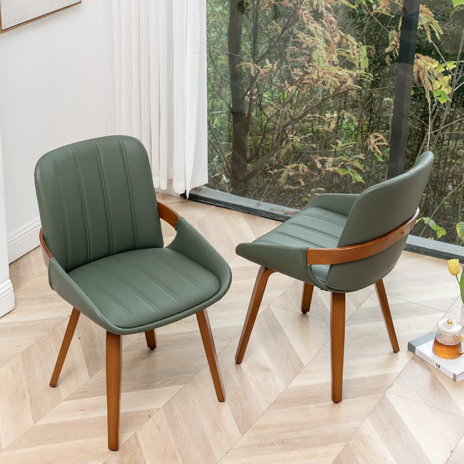 Mid Century Modern Faux Leather Upholstered Dining Room Chairs,Armless Accent Chairs with Sturdy Natural Wood Legs,Bamboo Backrest Support for Kitchen&Dining Room Chairs(1PCS,Green)