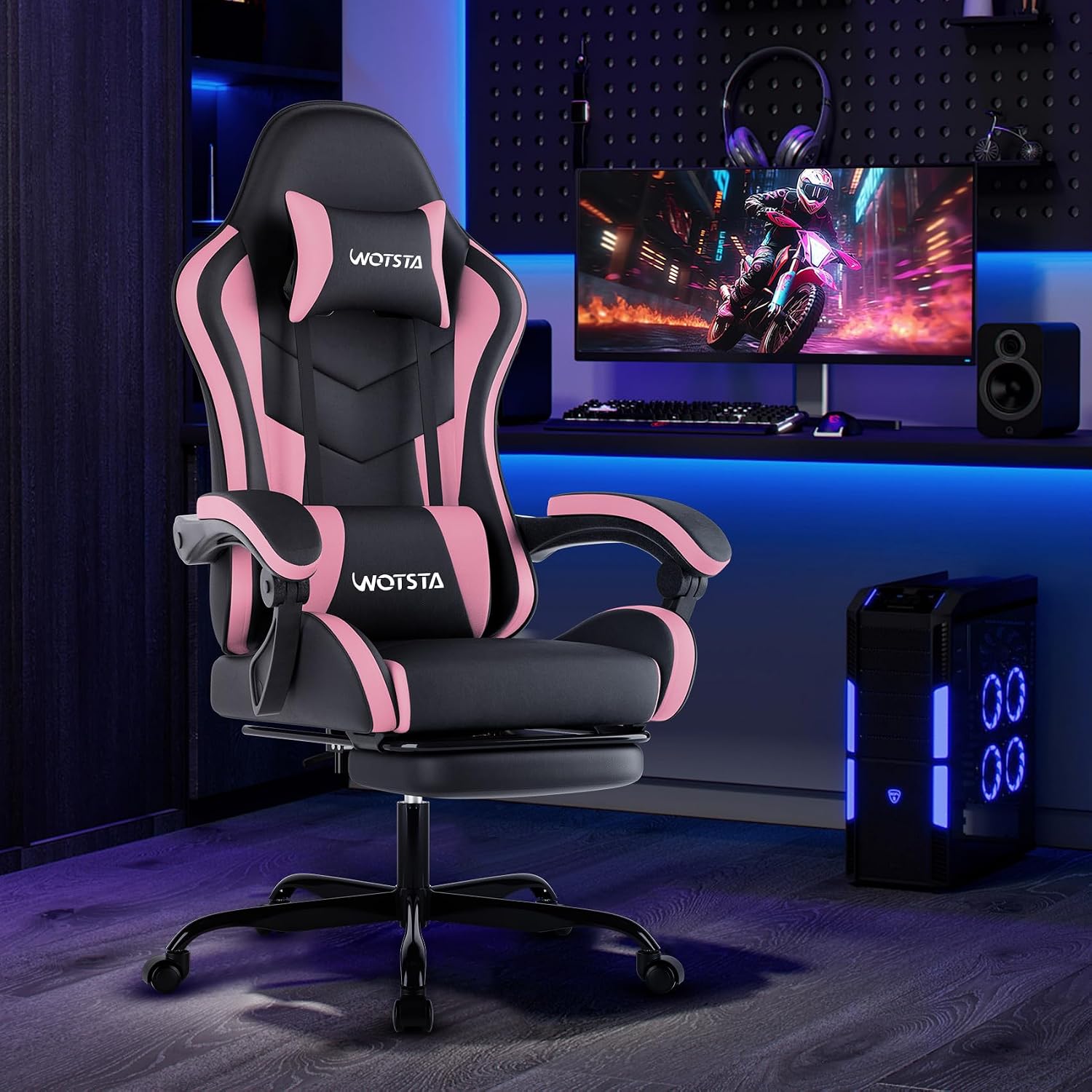 Gaming Chair with Footrest, Ergonomic Gaming Chair, Computer Chair with Lumbar Support, Headrest, Height Adjustable PC Chairs with 360° Swivel Seat for Office or Gaming Blackpink