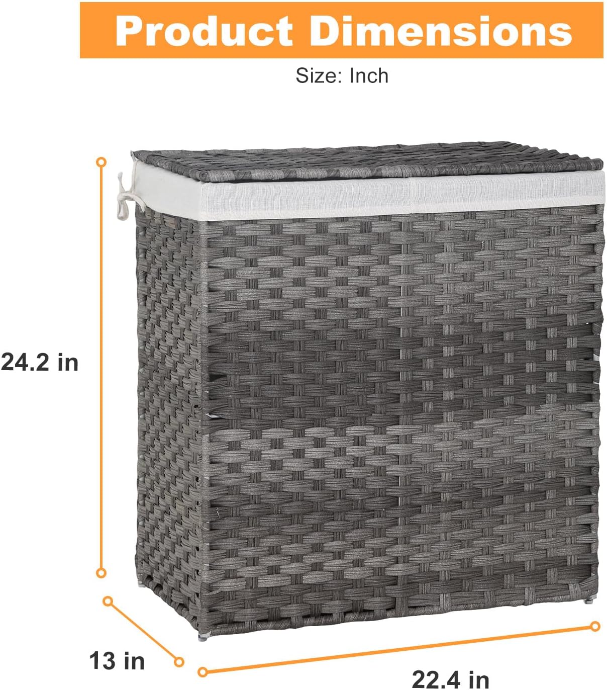 FDW Handwoven Laundry Hamper with Lid, 110L Foldable Rattan Clothes Basket with 2 Removable Liners & 6 Mesh Laundry Bags for Bathroom Bedroom, Grey