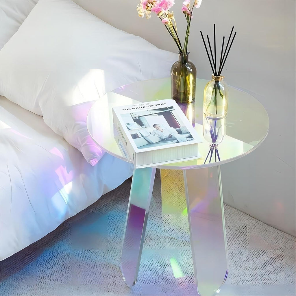 Round Acrylic Side Table Modern Rainbow Iridescent Accent Table Night Stand Versatile Coffee Table for Living Room Balcony Office Creative idea(45 cm)