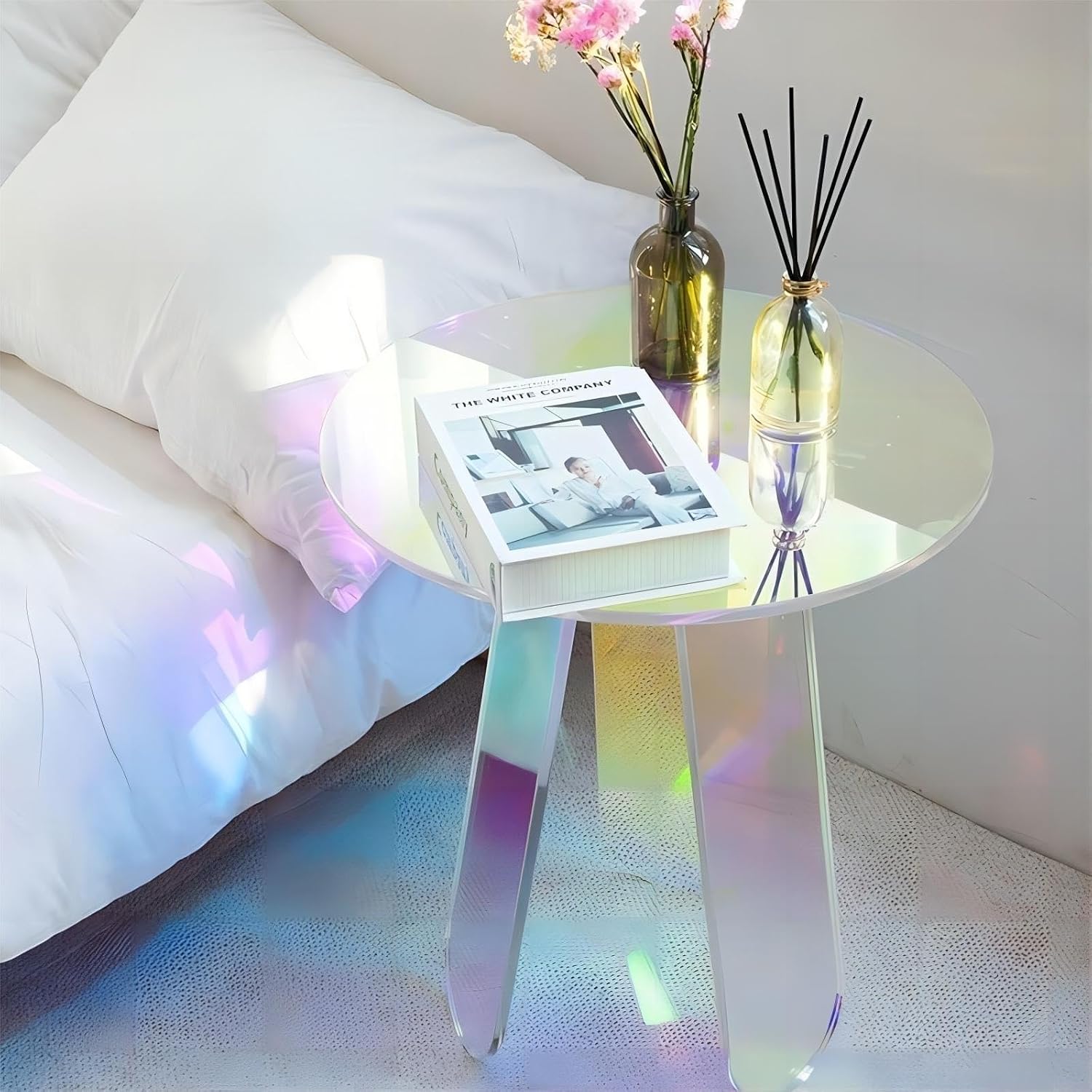 Round Acrylic Side Table Modern Rainbow Iridescent Accent Table Night Stand Versatile Coffee Table for Living Room Balcony Office Creative idea(45 cm)