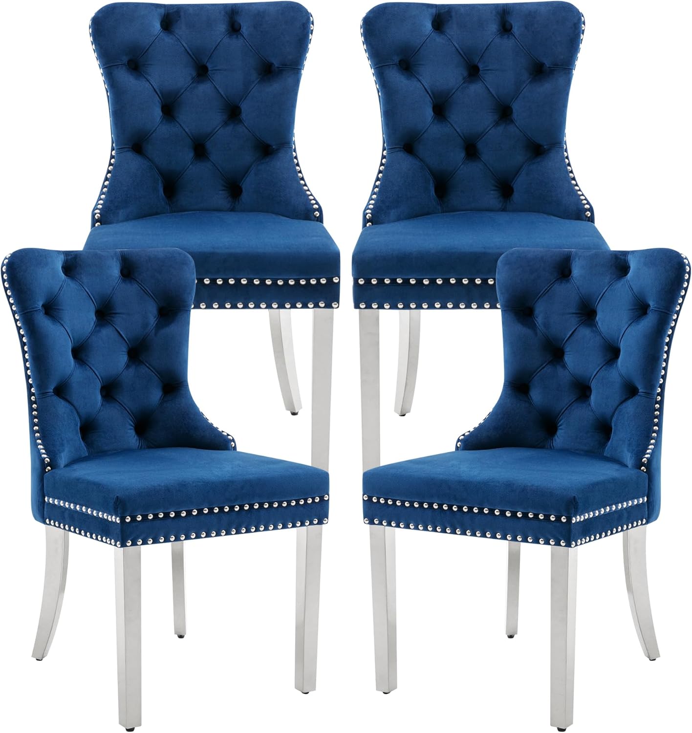 Dining Room Chairs Set of 4, Tufted Velvet Chairs with Modern Stainless Steel Legs, Rivet Trim Metal Pull Ring Large Back for Kitchen Dining Room Restaurant, Blue